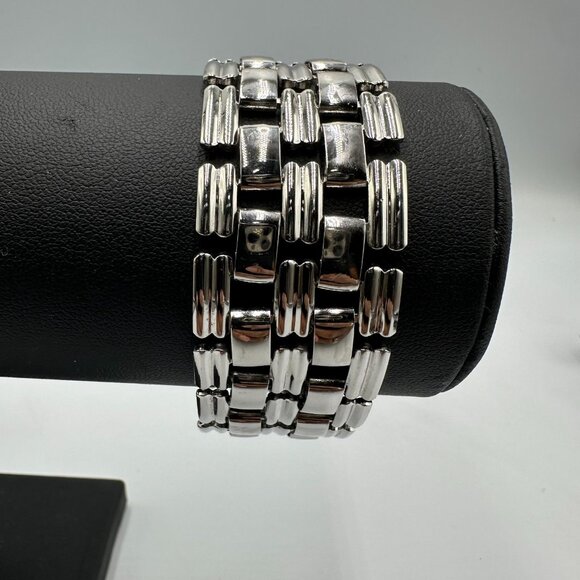 Vintage Wide Link Bracelet Silver Tone Flat Panel Statement Jewelry 7 Inch - Picture 3 of 8